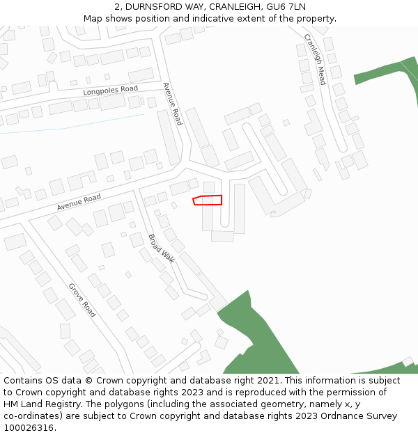 2, DURNSFORD WAY, CRANLEIGH, GU6 7LN: Location map and indicative extent of plot