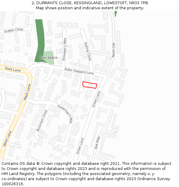 2, DURRANTS CLOSE, KESSINGLAND, LOWESTOFT, NR33 7PB: Location map and indicative extent of plot