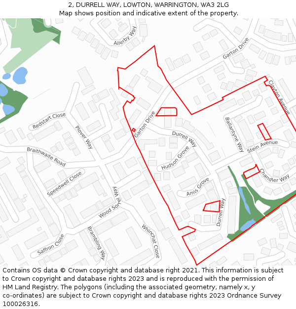 2, DURRELL WAY, LOWTON, WARRINGTON, WA3 2LG: Location map and indicative extent of plot