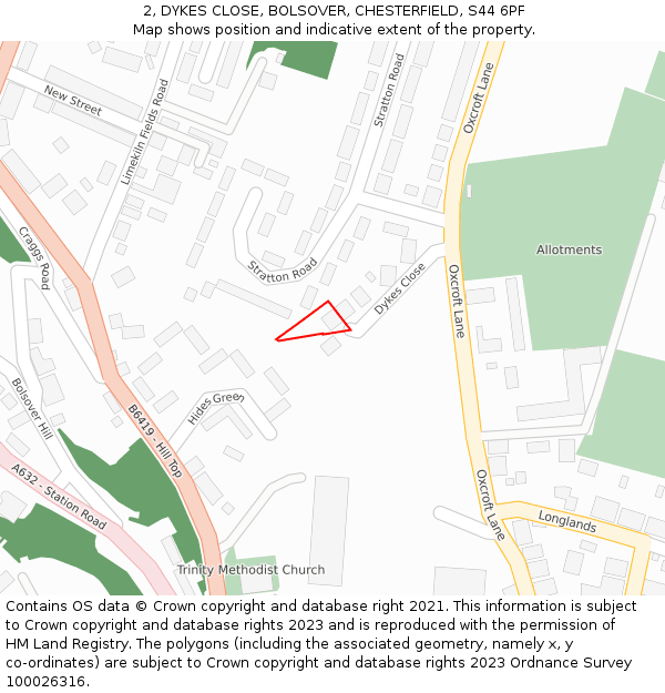 2, DYKES CLOSE, BOLSOVER, CHESTERFIELD, S44 6PF: Location map and indicative extent of plot