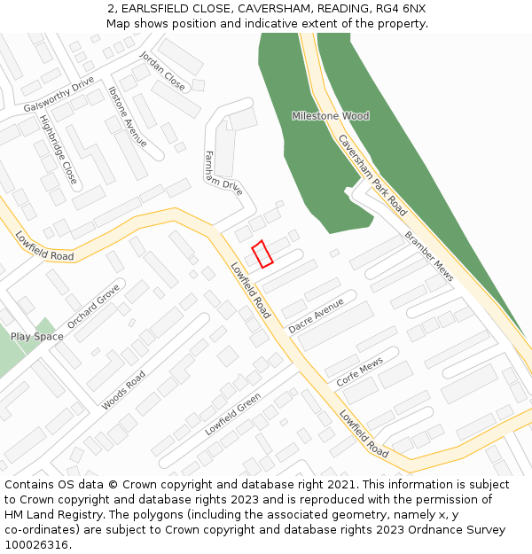 2, EARLSFIELD CLOSE, CAVERSHAM, READING, RG4 6NX: Location map and indicative extent of plot