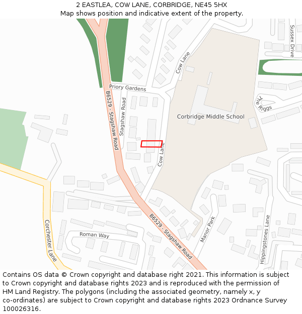 2 EASTLEA, COW LANE, CORBRIDGE, NE45 5HX: Location map and indicative extent of plot