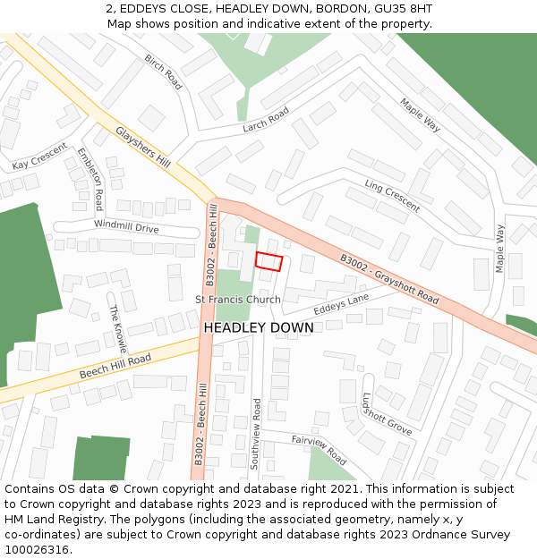 2, EDDEYS CLOSE, HEADLEY DOWN, BORDON, GU35 8HT: Location map and indicative extent of plot