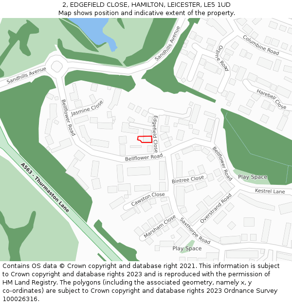 2, EDGEFIELD CLOSE, HAMILTON, LEICESTER, LE5 1UD: Location map and indicative extent of plot