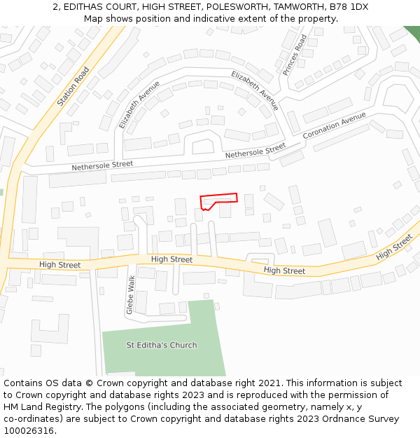 2, EDITHAS COURT, HIGH STREET, POLESWORTH, TAMWORTH, B78 1DX: Location map and indicative extent of plot