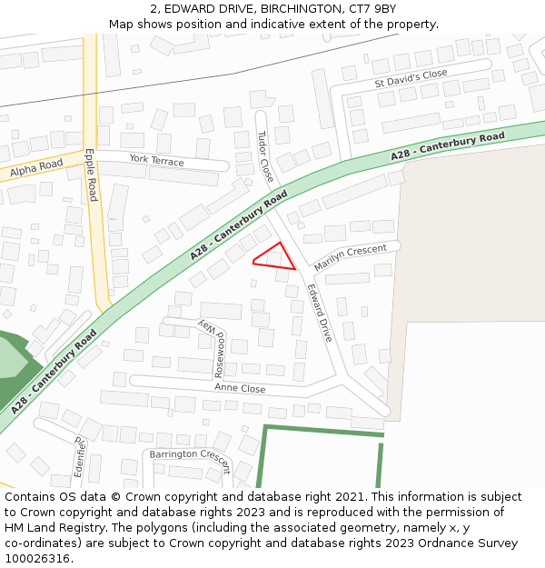 2, EDWARD DRIVE, BIRCHINGTON, CT7 9BY: Location map and indicative extent of plot