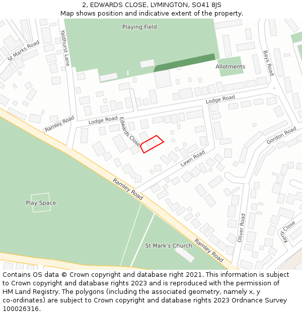 2, EDWARDS CLOSE, LYMINGTON, SO41 8JS: Location map and indicative extent of plot