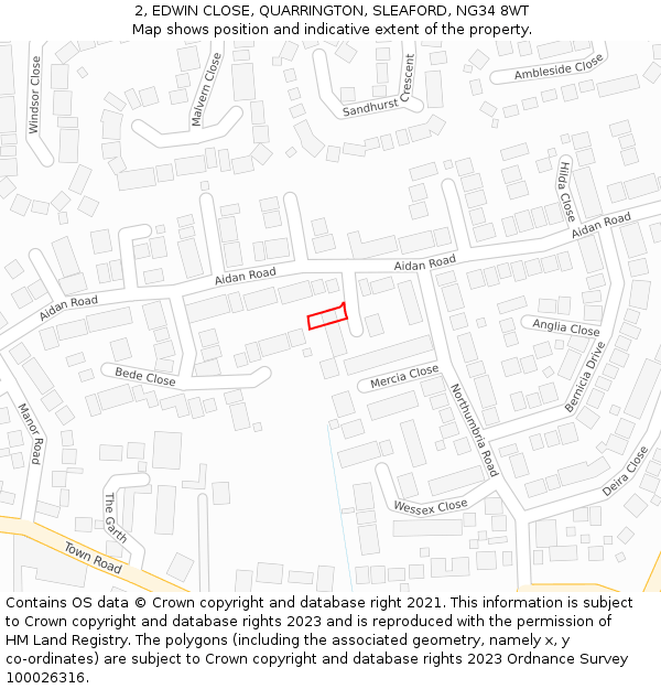 2, EDWIN CLOSE, QUARRINGTON, SLEAFORD, NG34 8WT: Location map and indicative extent of plot