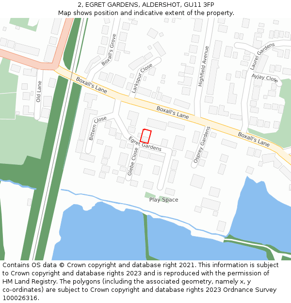 2, EGRET GARDENS, ALDERSHOT, GU11 3FP: Location map and indicative extent of plot