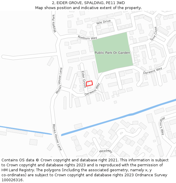 2, EIDER GROVE, SPALDING, PE11 3WD: Location map and indicative extent of plot