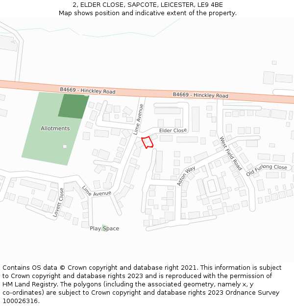 2, ELDER CLOSE, SAPCOTE, LEICESTER, LE9 4BE: Location map and indicative extent of plot