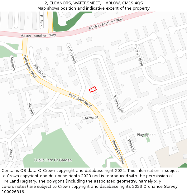 2, ELEANORS, WATERSMEET, HARLOW, CM19 4QS: Location map and indicative extent of plot