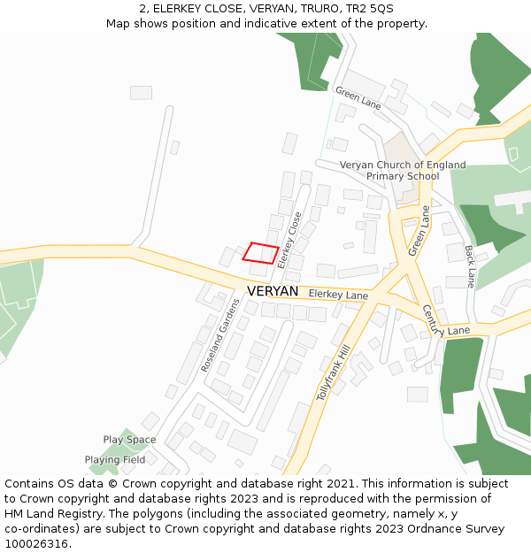 2, ELERKEY CLOSE, VERYAN, TRURO, TR2 5QS: Location map and indicative extent of plot