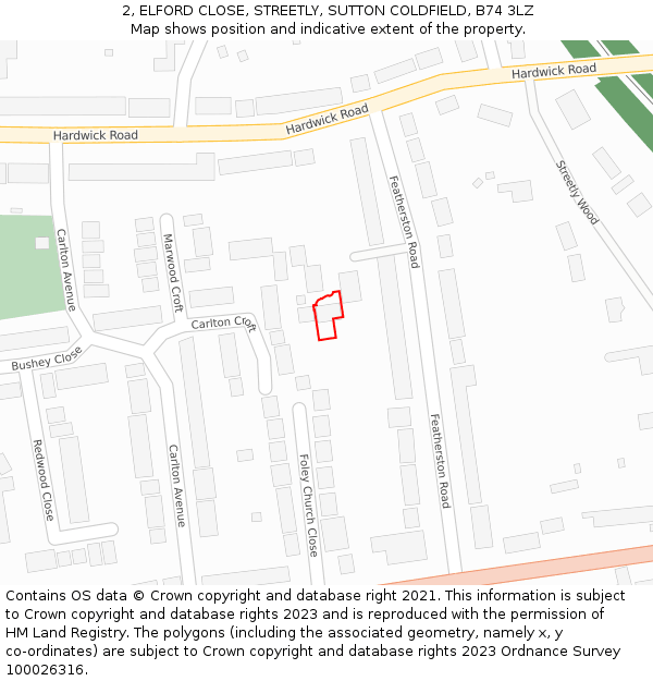 2, ELFORD CLOSE, STREETLY, SUTTON COLDFIELD, B74 3LZ: Location map and indicative extent of plot