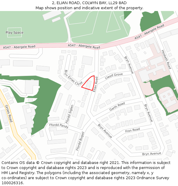 2, ELIAN ROAD, COLWYN BAY, LL29 8AD: Location map and indicative extent of plot