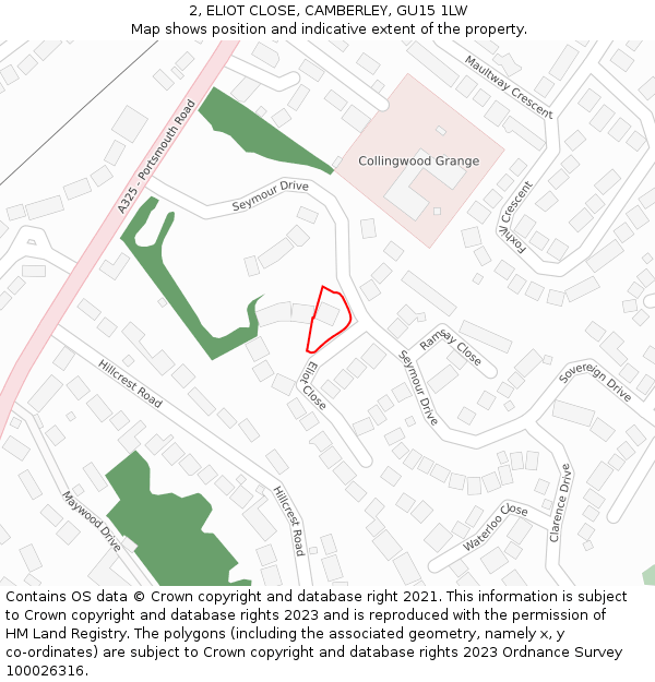 2, ELIOT CLOSE, CAMBERLEY, GU15 1LW: Location map and indicative extent of plot