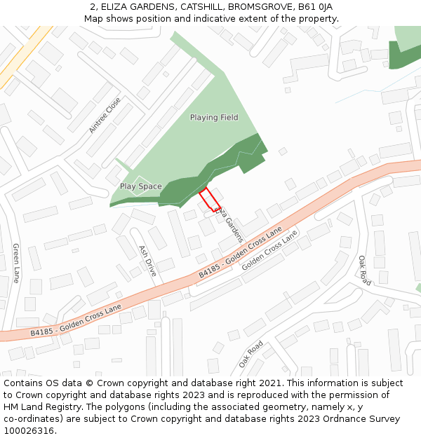 2, ELIZA GARDENS, CATSHILL, BROMSGROVE, B61 0JA: Location map and indicative extent of plot