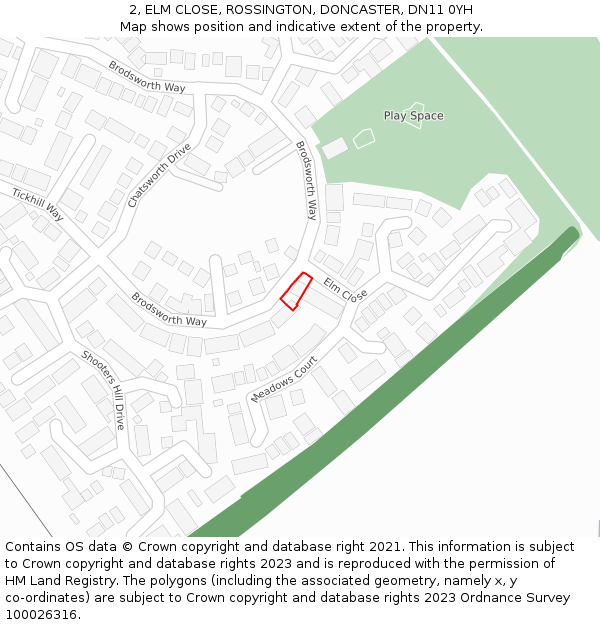 2, ELM CLOSE, ROSSINGTON, DONCASTER, DN11 0YH: Location map and indicative extent of plot