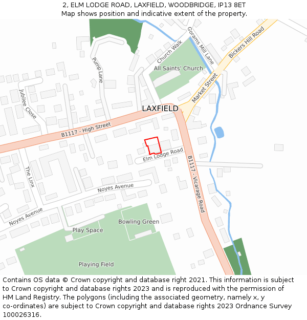 2, ELM LODGE ROAD, LAXFIELD, WOODBRIDGE, IP13 8ET: Location map and indicative extent of plot