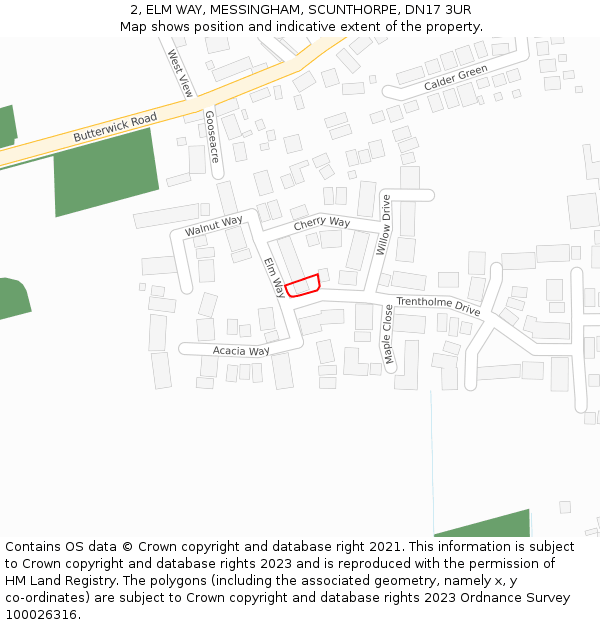 2, ELM WAY, MESSINGHAM, SCUNTHORPE, DN17 3UR: Location map and indicative extent of plot