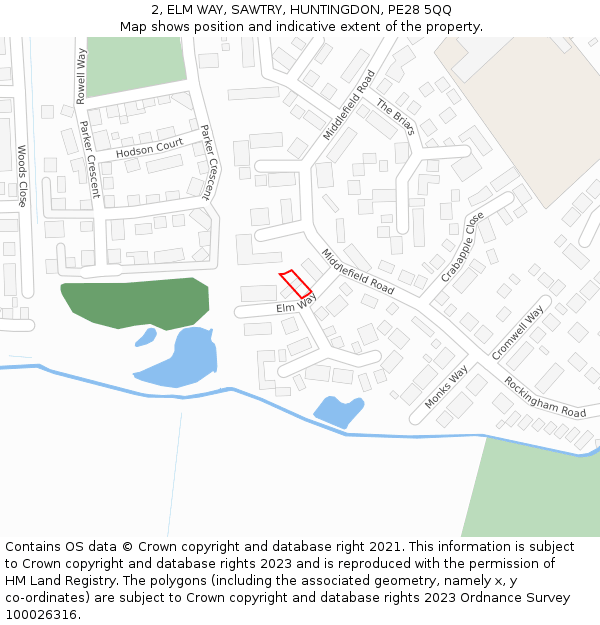 2, ELM WAY, SAWTRY, HUNTINGDON, PE28 5QQ: Location map and indicative extent of plot