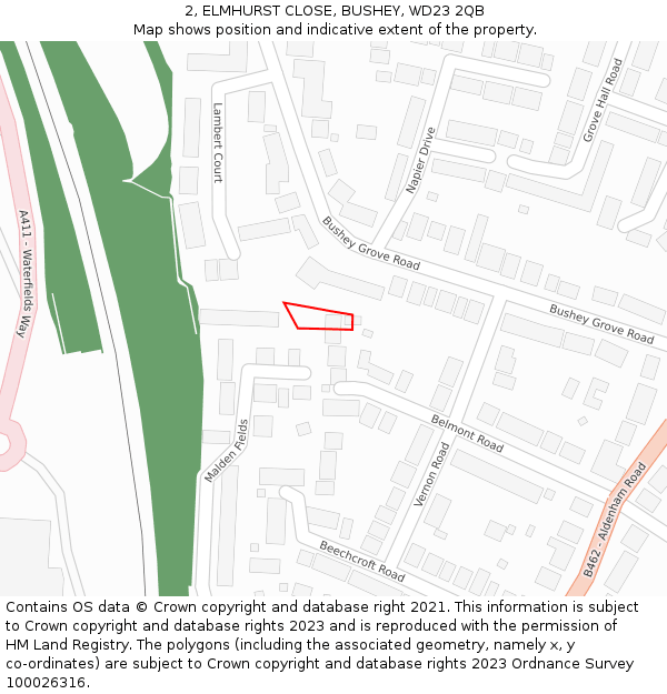 2, ELMHURST CLOSE, BUSHEY, WD23 2QB: Location map and indicative extent of plot