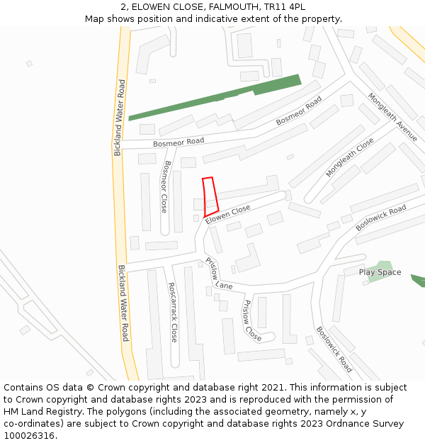 2, ELOWEN CLOSE, FALMOUTH, TR11 4PL: Location map and indicative extent of plot