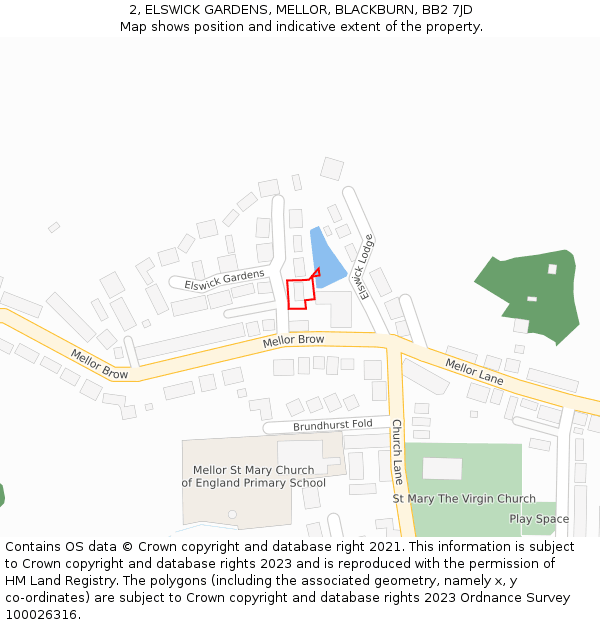 2, ELSWICK GARDENS, MELLOR, BLACKBURN, BB2 7JD: Location map and indicative extent of plot