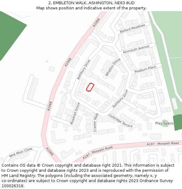 2, EMBLETON WALK, ASHINGTON, NE63 8UD: Location map and indicative extent of plot