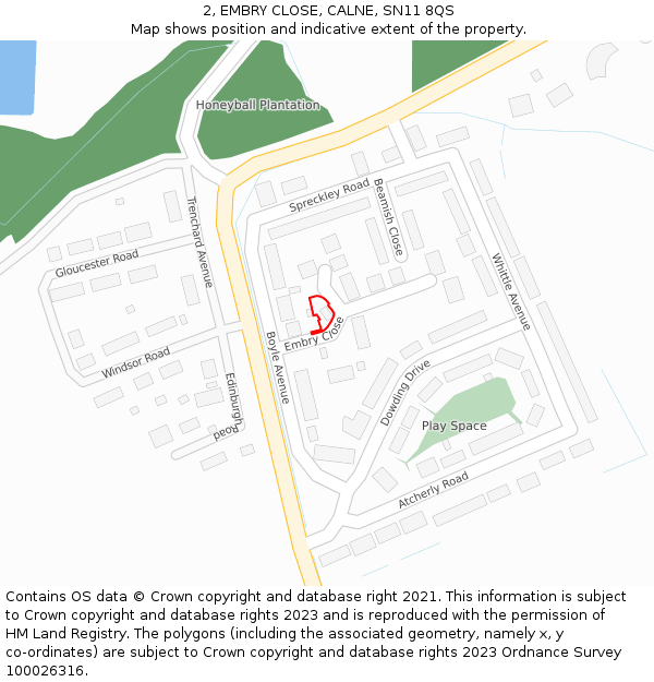 2, EMBRY CLOSE, CALNE, SN11 8QS: Location map and indicative extent of plot