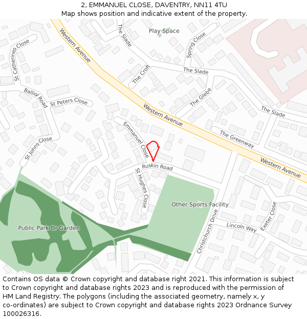 2, EMMANUEL CLOSE, DAVENTRY, NN11 4TU: Location map and indicative extent of plot