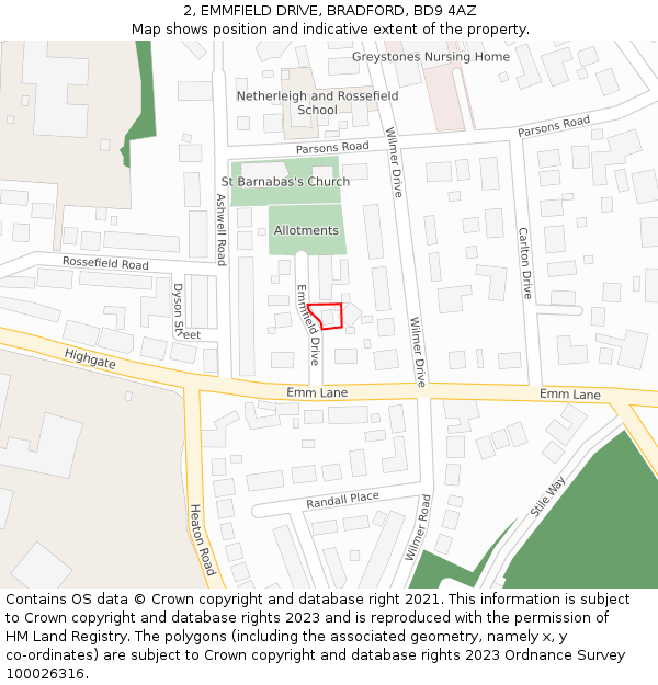2, EMMFIELD DRIVE, BRADFORD, BD9 4AZ: Location map and indicative extent of plot
