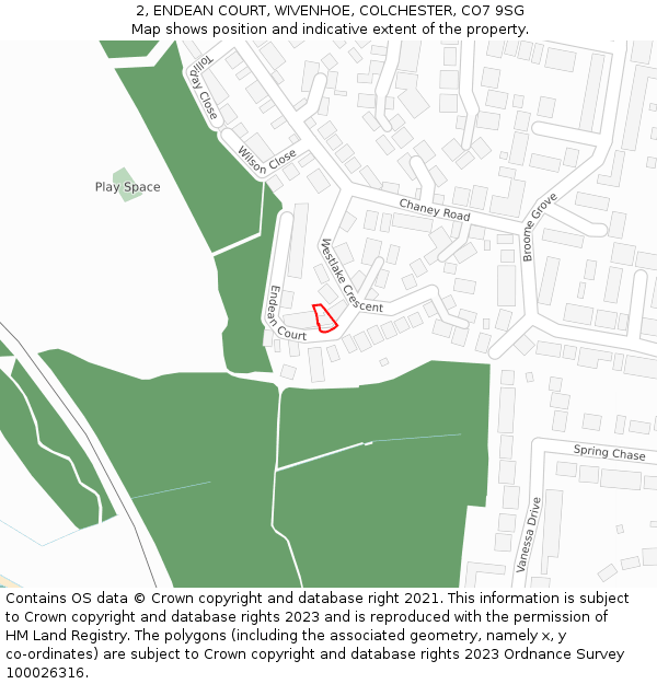 2, ENDEAN COURT, WIVENHOE, COLCHESTER, CO7 9SG: Location map and indicative extent of plot