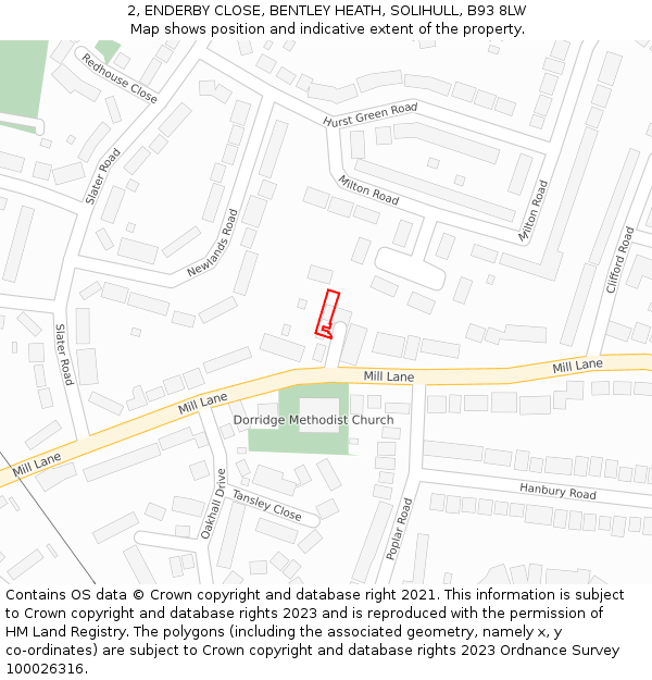 2, ENDERBY CLOSE, BENTLEY HEATH, SOLIHULL, B93 8LW: Location map and indicative extent of plot