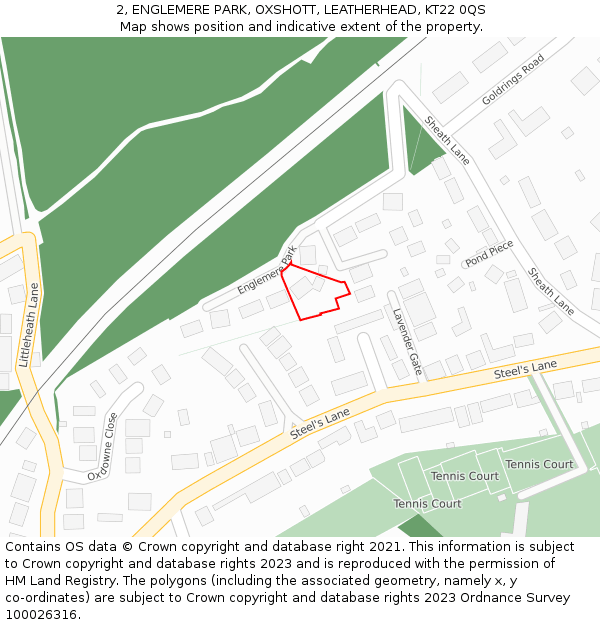 2, ENGLEMERE PARK, OXSHOTT, LEATHERHEAD, KT22 0QS: Location map and indicative extent of plot