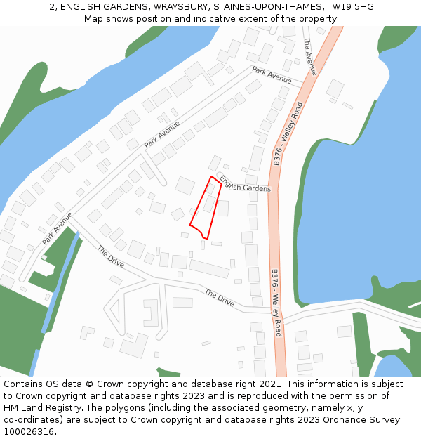 2, ENGLISH GARDENS, WRAYSBURY, STAINES-UPON-THAMES, TW19 5HG: Location map and indicative extent of plot