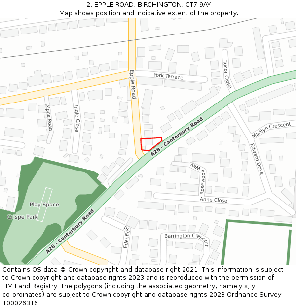 2, EPPLE ROAD, BIRCHINGTON, CT7 9AY: Location map and indicative extent of plot