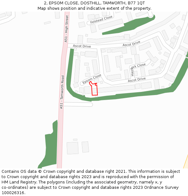 2, EPSOM CLOSE, DOSTHILL, TAMWORTH, B77 1QT: Location map and indicative extent of plot