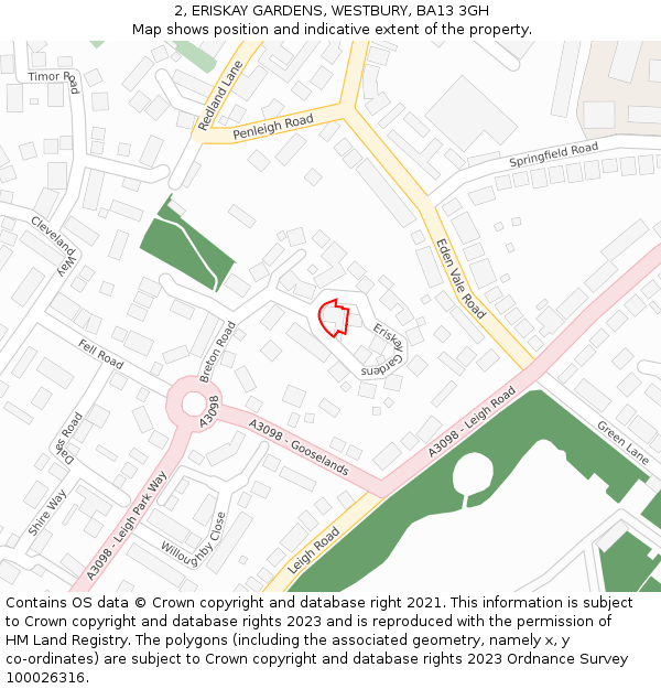 2, ERISKAY GARDENS, WESTBURY, BA13 3GH: Location map and indicative extent of plot