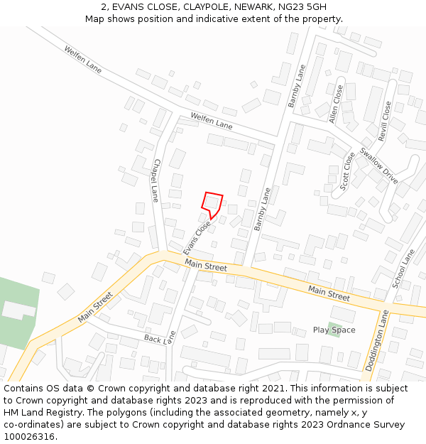 2, EVANS CLOSE, CLAYPOLE, NEWARK, NG23 5GH: Location map and indicative extent of plot