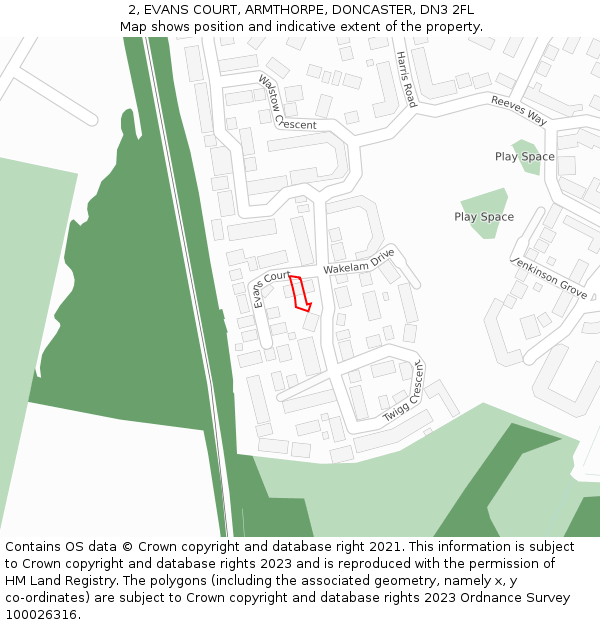 2, EVANS COURT, ARMTHORPE, DONCASTER, DN3 2FL: Location map and indicative extent of plot