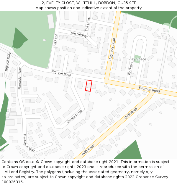 2, EVELEY CLOSE, WHITEHILL, BORDON, GU35 9EE: Location map and indicative extent of plot