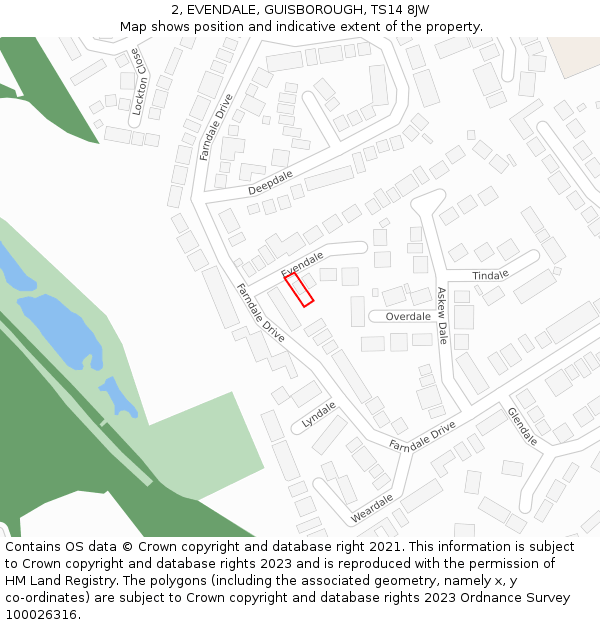 2, EVENDALE, GUISBOROUGH, TS14 8JW: Location map and indicative extent of plot