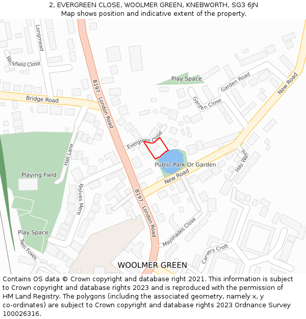 2, EVERGREEN CLOSE, WOOLMER GREEN, KNEBWORTH, SG3 6JN: Location map and indicative extent of plot