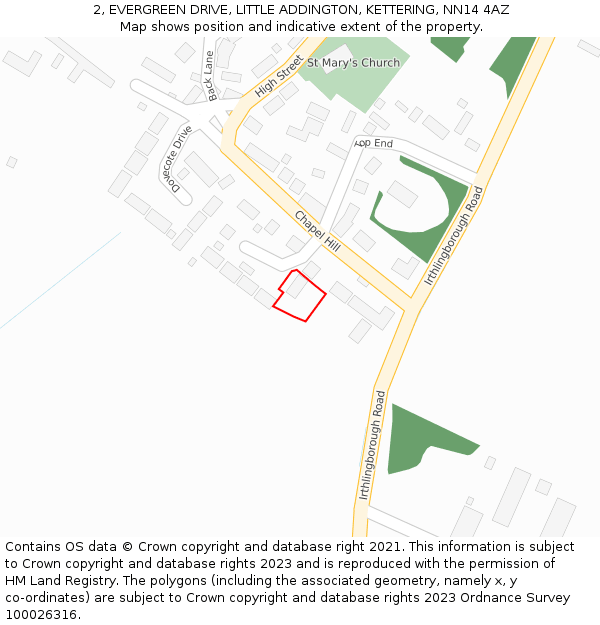 2, EVERGREEN DRIVE, LITTLE ADDINGTON, KETTERING, NN14 4AZ: Location map and indicative extent of plot