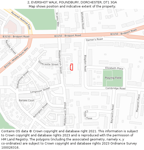 2, EVERSHOT WALK, POUNDBURY, DORCHESTER, DT1 3GA: Location map and indicative extent of plot