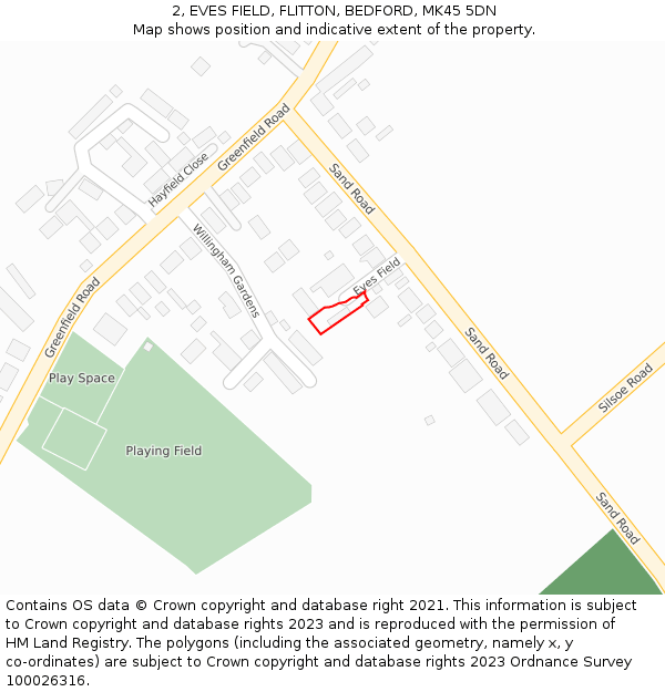 2, EVES FIELD, FLITTON, BEDFORD, MK45 5DN: Location map and indicative extent of plot