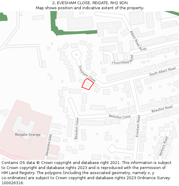 2, EVESHAM CLOSE, REIGATE, RH2 9DN: Location map and indicative extent of plot