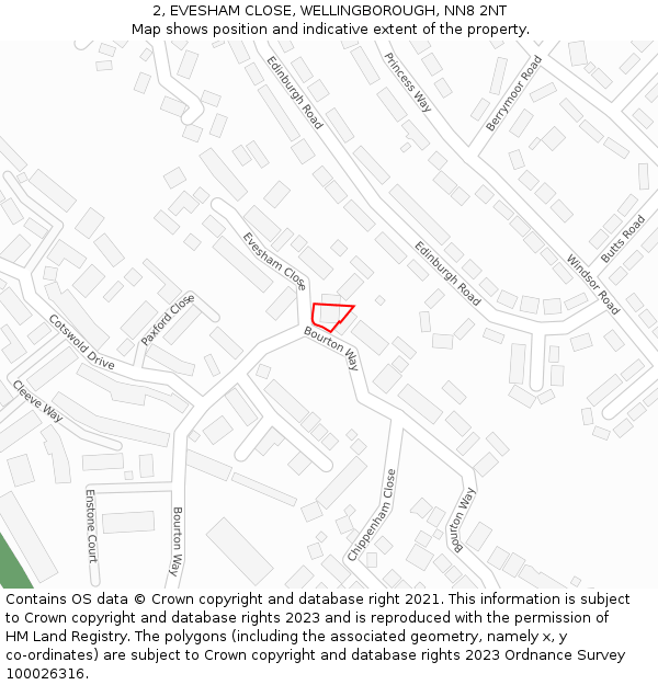 2, EVESHAM CLOSE, WELLINGBOROUGH, NN8 2NT: Location map and indicative extent of plot