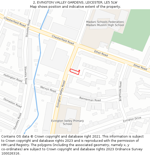 2, EVINGTON VALLEY GARDENS, LEICESTER, LE5 5LW: Location map and indicative extent of plot